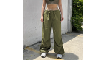 Street High Quality Nylon High Waisted Wide Leg Cargo Elastic Pants Women OEM1