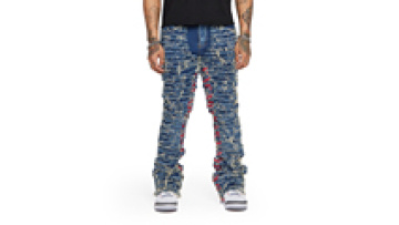 Custom Unique Design Streetwear Fashion Men Jeans Stacked Straight Leg Denim Pants Patchwork Raw Hem Jeans1