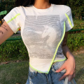 WannaThis Splice O-Neck Short Sleeve T shirt Aysmmetric Hem Pattern Printed Slim Crop Top Summer Casual Streetwear Tshirt Women