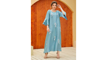 Satin Moroccan Ramadan Party Dress Dubai Islamic Sequined Jalabiya Asymmetrical Hem Abaya1