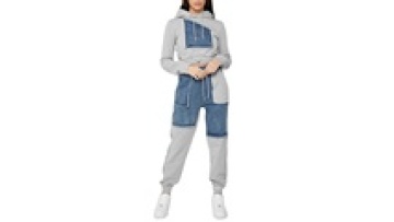 customized long sleeves women cropped hooded distressed denim patch loose cotton Streetwear pullover sports suit1