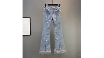 2023 Women's Spring Rhinestone Jeans Female New Elastic High Waist Slim Split Flare Denim Pants1