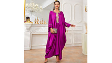 Muslim Abaya  Elegant Purple Handmade Sewing Diamond Loose Dress A122Bat Sleeve Embroidery Lace Muslim Abaya Dresses1
