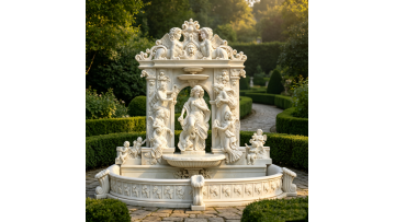 ornate-marble-fountain-green-hedge-background