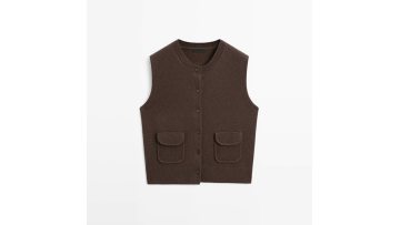 Women's retro style pocket decoration wool blend cardigan vest