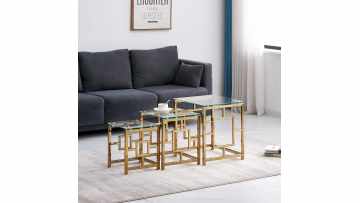 TL-AS809G Gold Geometry Nesting Tables | Space-Saving Glass Trio