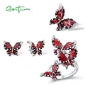 SANTUZZA Red Butterfly Jewelry Set For Woman White CZ Ring Earrings Pendant 925 Sterling Silver Fashion Jewelry HANDMADE Enamel