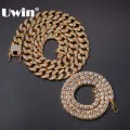 UWIN 2 Necklaces Fashion Hiphop Jewelry 13mm Cuban Link Chain With 5mm Iced Out Rhinestones Tennis Chains Gold Color Necklace