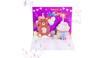Custom 90 Degree Popup Musical Happy Birthday Greeting Card Bear Cake Design