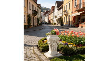 white-marble-pedestal-with-pink-tulips-european-garden-scene
