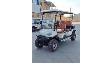 A female customer is test-driving a golf cart