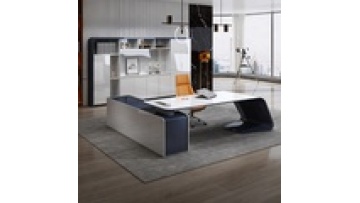 Luxury White Leather Newest MDF Glossy CEO Computer Home Wireless Executive Manager Table with Side Drawers  l Shape Office Desk1