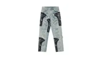Custom Men High Street Hip Hop Style Patch Embroidery Ripped Denim Pants Contrast Paneled Jeans Distressed Casual Trousers1