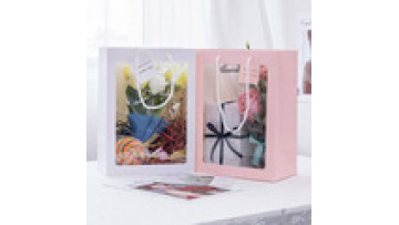 Wholesale Luxury Pink Flower Gift Packaging Bag  Paper Bag With Pvc Clear Window1