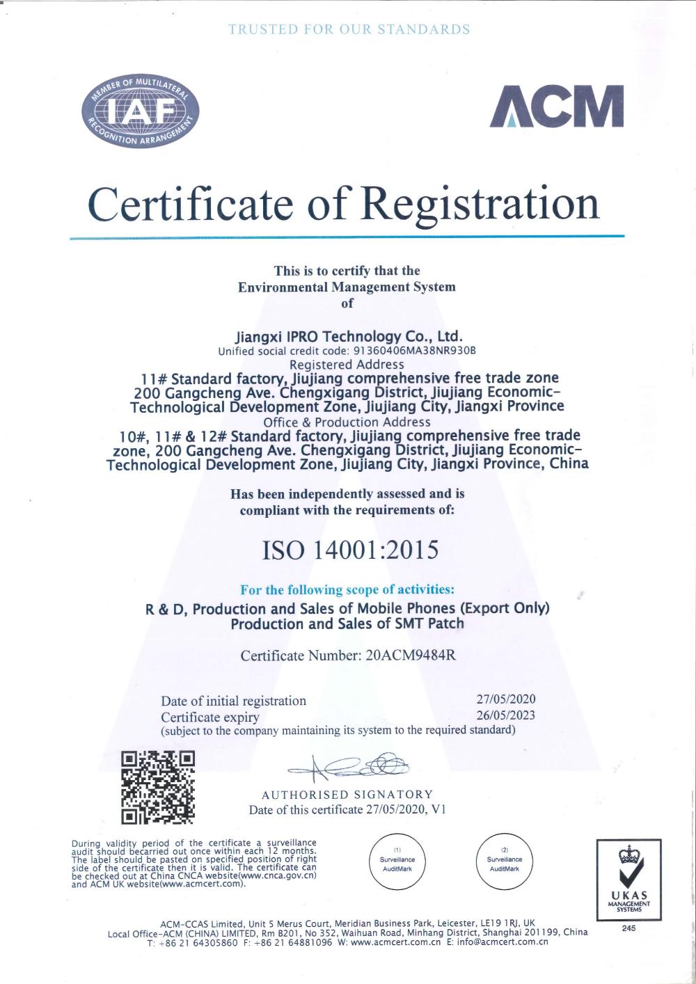 ISO14001 2015 Certificate of Registration