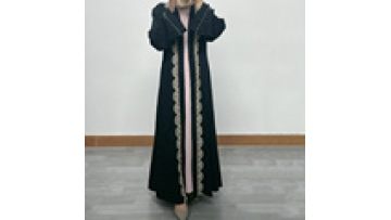 Elegant Open Abaya with Lace and Pearl Studded Embroidery Cardigan Dubai Muslimah Ethnic Robe1