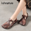 Johnature 2020 New Spring Flats Women Shoes Retro Genuine Leather Hook & Loop Round Toe Casual Shallow Flower Ladies Shoes