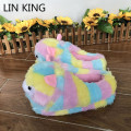 LIN KING New Cartoon Grass Mud Horse Women Winter Furry Slippers Colorful Striped Home Slippers Warm Non Slip House Floor Shoes