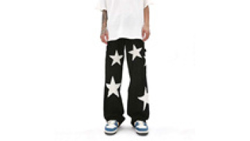 Custom logo high quality Fashion Straight Wide Leg Star Print Unisex Jeans Multi Pockets Belt Ring Casual Jeans Men1