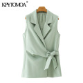 KPYTOMOA Women 2020 Fashion With Bow Tied Office Wear Wrap Vest Coat Vintage Notched Collar Sleeveless Female Waistcoat Chic Top