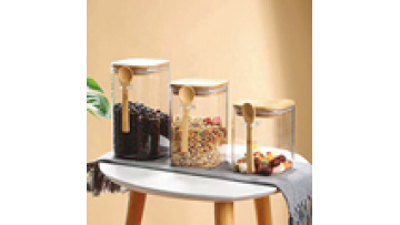 Wholesale Kitchen Glass Jar Glass Spice Jar Bamboo Wooden Lid Food Storage Container With Spoon1