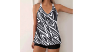 2023 Plus Size Black and White Striped V-neck Two-piece Swimsuit1