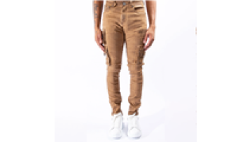 Men Jeans Five Pockets Style Taped Ankle Brown Wash Cargo Pocket Jeans Denim Pants1