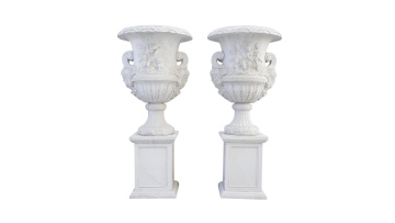 Elegant White Urns with Floral Relief Square Bases