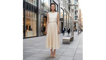 Elegant Beige Jacquard Flowy Midi Skirt