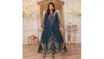 V Neck Women's Eid Jellabiya Middle East Muslim Ethnic Abaya Dress Turkish Elegant Printed Islamic Ramadan Robe with Rhinestones1
