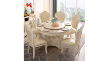 European dining table and chairs combination marble round table with turntable household solid wood carved dining table1