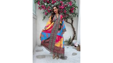 Ethnic Print Rhinestone Batwing Maxi Dress (1)