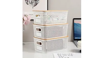 Stackable Plastic Woven Storage Basket with Bamboo Lid1