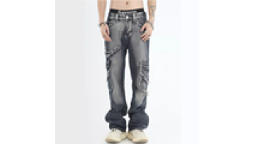 OEM Custom Vintage Wash Mens Side Pocket Straight Leg Raw Hem Stacked Denim Jeans Men1