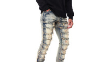 Custom Mens Stacked Slim Fit Distressed Denim Pants Blue Ripped Skinny Jeans For Men1