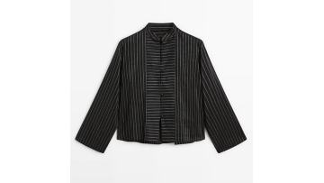 Women's new Chinese casual style bib details stand up collar striped shirt