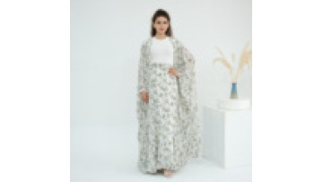 2025 Latest Islamic Clothing Summer Kaftan 2pc Set Fashion Printed Chiffon Muslim Abaya Wrap Skirt 2pc Set Modest Abaya Set1