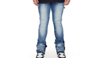 Custom Men Weight Vintage Wash Denim High Street Color Block Distressed Pants Stacked Flare Jeans1