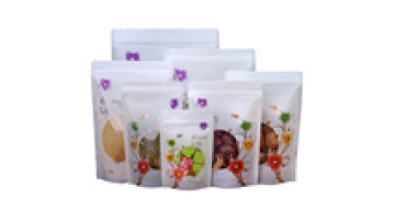White Plastic Zip Lock Stand Up Bag with Flower Print, Resealable, Tear Notch, and Clear Window for Food Storage1
