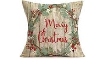 Retro Wood Grain Merry Christmas  with Flower Wreath Pattern Cotton Linen Square Throw Pillow Covers1