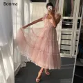 Booma Simple Pink Prom Dresses Spaghetti Straps Tiered Tulle Prom Gowns Exposed Boning A-Line Tea-Length Wedding Party Dresses