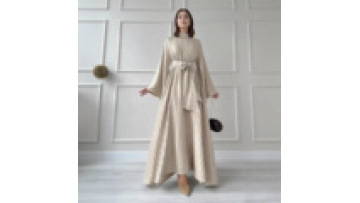 2026 Muslim Fashion Satin Dress Middle Eastern Women's Clothing Stand Collar Fitted Waist Bell Sleeves Long Skirt with Belt1