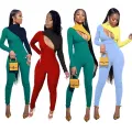 2020 Spring Sexy Knit Ribbed Jumpsuit Color Patchwork Turtleneck Long Sleeve Slinky Bodycon Playsuit Rompers Womens Jumpsuit