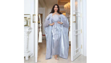 Middle East Elegant Muslim Women's Three Pieces Set Abaya Dress Dubai Feather Satin Kaftan with Rhinestones Belt Batwing Sleeves1
