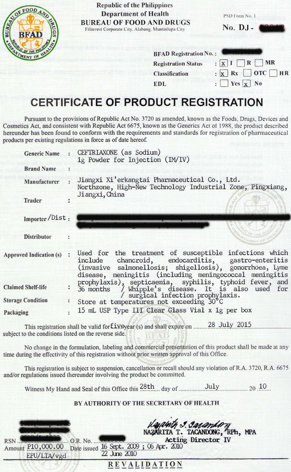 Philippine registration certificate