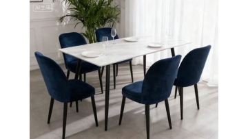 BR-25DT01 12mm Marble Look Granite Table with Velvet Chairs - Modern Dining Set