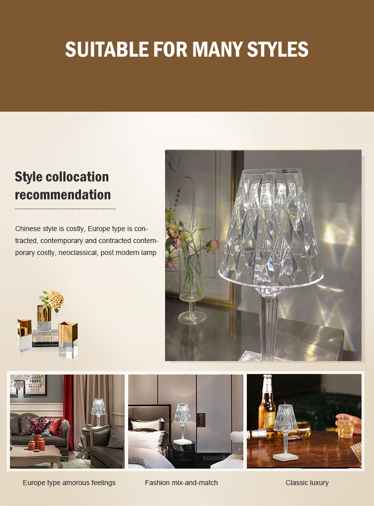 Modern Style Bar Hotel Restaurant Acrylic Portable USB Rechargeable Luxury Crystal Led Table Lamp