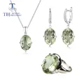 Natural Green amethyst Jewelry set 35ct oval 10*14mm pendant Earring ring 925 sterling silver for women daily wear nice gift tbj
