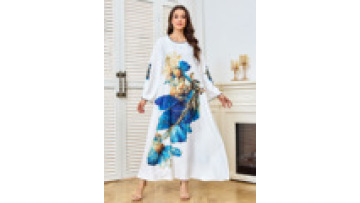 High Quality Printed Floral Muslim Dress Arab Women's Ramadan Jalabiya Middle East Elegant Flower Abaya Robe with Delicate Trim1