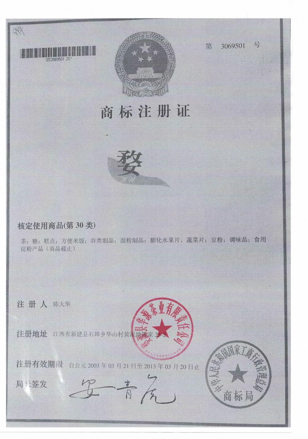 Trademark registration certificate